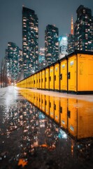 Fototapeta premium Cityscape at night, yellow lockers, reflections