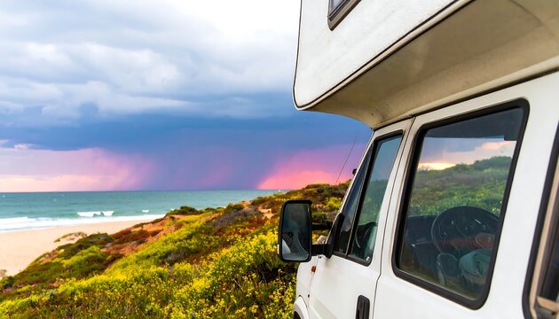 Camper van on a beach at sunset