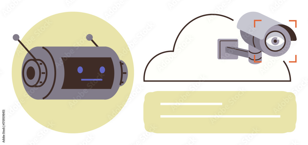 Aufkleber robot with antennas and face alongside surveillance camera pointing at a cloud with text lines. idea
