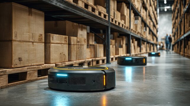 Automated warehouse robots navigate aisles lined with stacked cardboard boxes