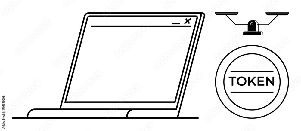 Poster laptop with a blank browser window, circular token labeled token, balance scale symbolizing fairness