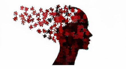 Abstract silhouette of a human head dissolving into red petals