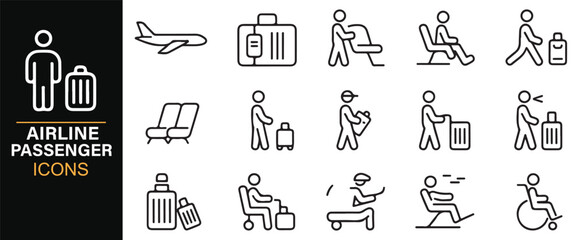 Collection of tourism and airline passenger icons including flight and baggage