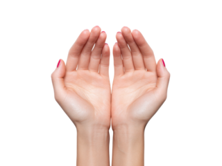 Open female hands cupped together with pink fingernails against black image
