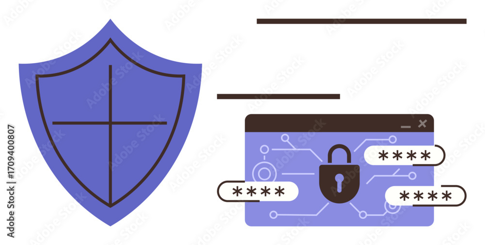 Aufkleber shield next to browser window with lock and password fields, symbolizing internet safety, privacy, p
