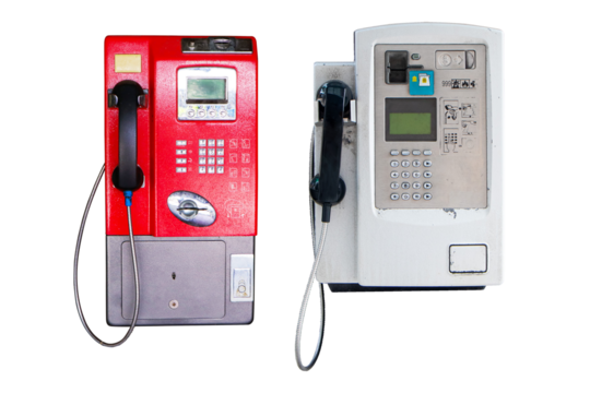 Public grey and red old payphone coin in glass public telephone booth isolated on cutout PNG or transparent background. Since most people use cell phones. Vintage interior decoration.