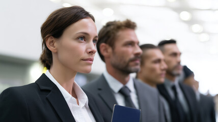 Business professionals in formal suits standing in line, focused and determined, in modern office environment with bright lighting