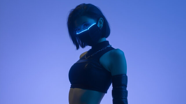 Cyberpunk female model in futuristic mask, black bodysuit, neon light, short hair, confident pose, blue background