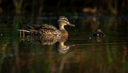 Obraz premium Mallard duck and duckling on water