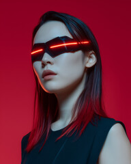Cyberpunk woman with futuristic glasses, red hair highlights, and confident expression against red background, modern sci fi style