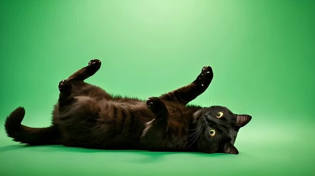 Playful black cat lies on its back, a humorous break from being a spooky black cat walking, with a black cat walking green screen for chroma key compositing