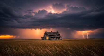 Dramatic storm over an abandoned farmhouse, with lightning striking in the distance and a golden sunset adding contrast to the scene