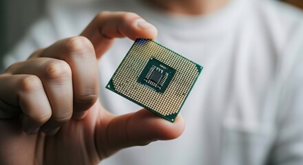 Hand holding a computer processor chip close up