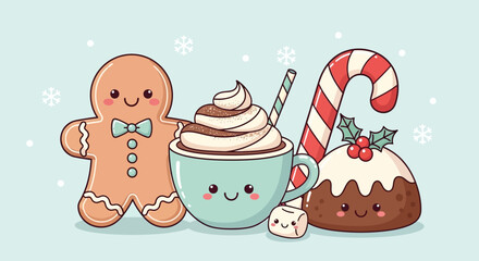 Cute cartoon illustration of a gingerbread man, hot chocolate with whipped cream, candy cane, and Christmas pudding against a light blue background, flat lay style,