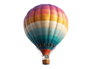 Colorful hot air balloon ascending against black background striped
