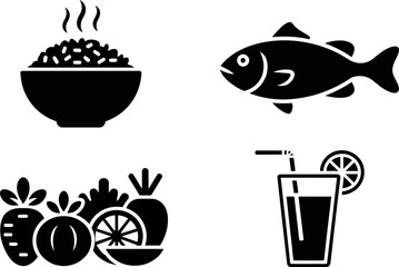 Simple icons representing healthy food and drink for a balanced diet