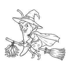 Chili pepper witch riding a broom in black and white line
