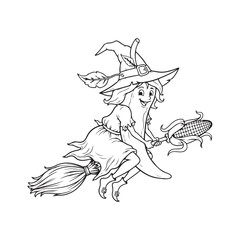 Obraz premium Cartoon witch flying on broom with corn coloring page art