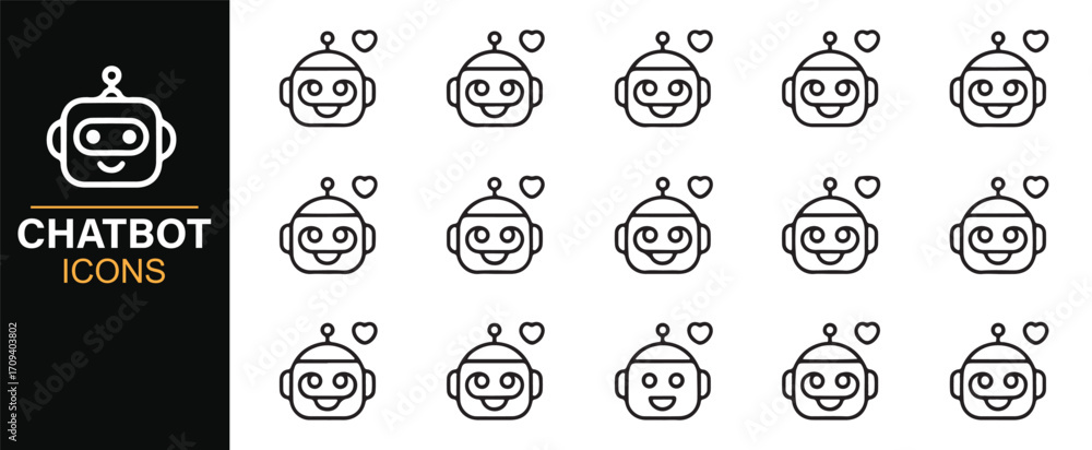 Poster simple chatbot icons set with robotic face, machine intelligence, and support symbols