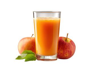 Fototapeta premium Refreshing apple juice in a glass with whole apples and green leaves drink beverage