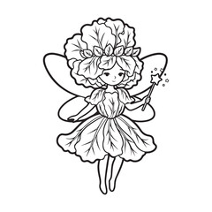 Fototapeta premium Outline drawing of a fairy with wings and a magic wand