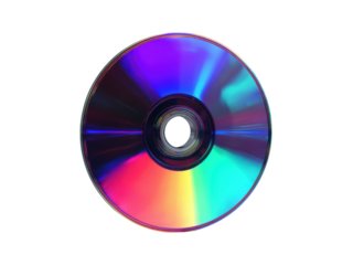 Iridescent disc reflecting rainbow colors on black background optical media