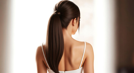 Rear view of a young woman with a sleek, high ponytail showcasing her long, healthy, and straight dark brown hair.