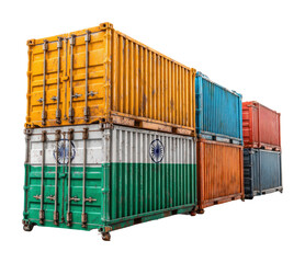 Colorful shipping containers displayed in an industrial isolated on transparent background