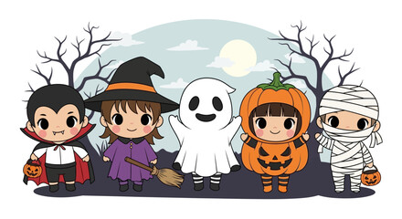 Cute cartoon children in Halloween costumes trick-or-treating against a spooky night background, illustrated in a flat style with pastel colors.