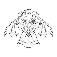 A cartoon broccoli dressed as a vampire with bat wings