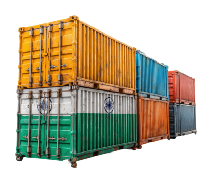 Colorful shipping containers displayed in an industrial isolated on transparent background