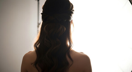 Woman with styled dark brown hair and updo, seen from behind, in bright light.