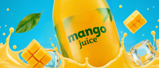신선한 망고 주스 병과 얼음 조각, 망고 조각이 튀는 상쾌한 음료 광고 이미지