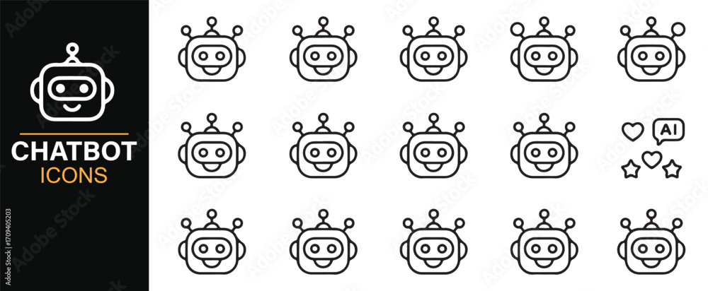 Poster vector line icons of chatbot heads and artificial intelligence assistants for apps