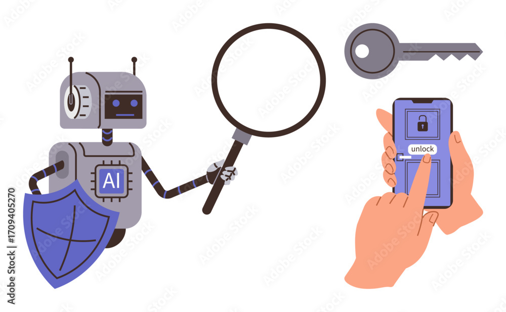 Poster ai robot with shield and magnifying glass examines a key while a hand uses a smartphone for digital 