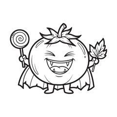 Cartoon tomato vampire holding lollipop and leaf outline