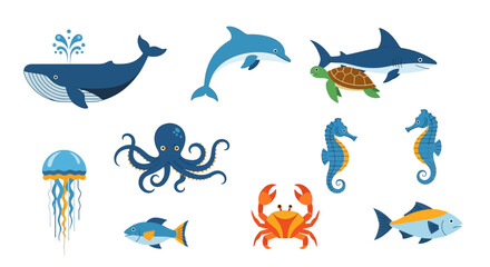 Flat-lay illustration of various ocean animals, including a whale, dolphin, shark, sea turtle, octopus, jellyfish, seahorses, crab, and fish, in a vibrant blue and