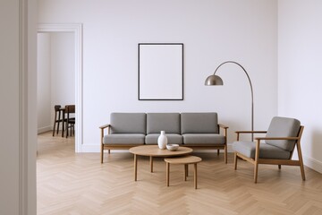 Fototapeta premium Minimalist Living Room Interior with Artwork Mockup, Modern Furniture, and Neutral Color Palette