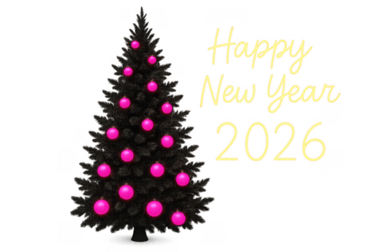 Black christmas tree with pink baubles celebrating new year 2026 on transparent background