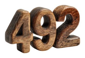 Wooden number 492 displayed on table home view isolated on transparent background