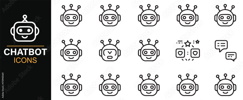 Fototapete outline style chatbot icons collection with ai robot faces and chat bubbles for digital design