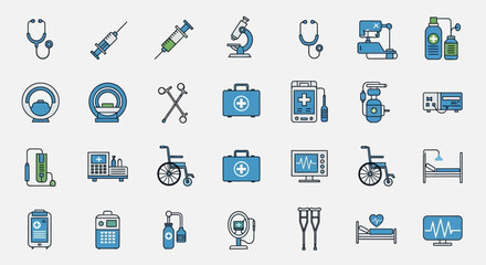 Flat lay of medical icons representing healthcare,  showing various medical equipment and symbols in blue and gray against a white background.