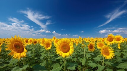 Fototapeta premium Vibrant Sunflower Field Under a Bright Blue Sky with Clouds, Displaying Beauty and Natural Serenity