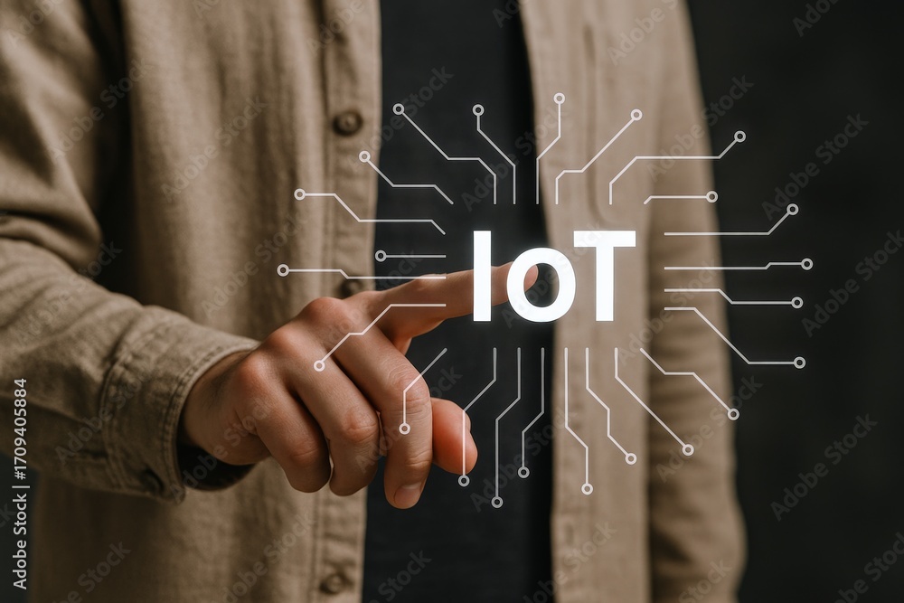 Poster internet of things concept: person touching digital iot icon for smart technology integration