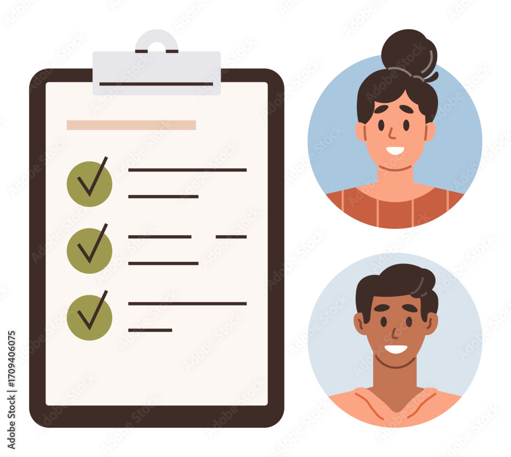 Poster clipboard with a checklist and two smiling person portraits symbolizing collaboration, task completi