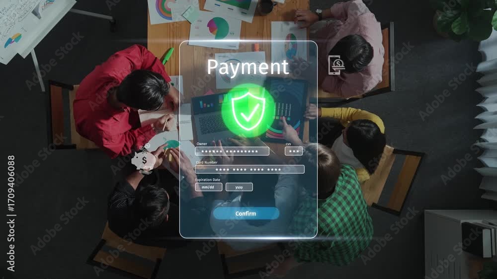 Poster a diverse group is engaged in an online payment process, utilizing a digital interface. the setting 