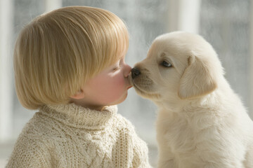 child and puppy are gazing into each other eyes creating heartwarming connection