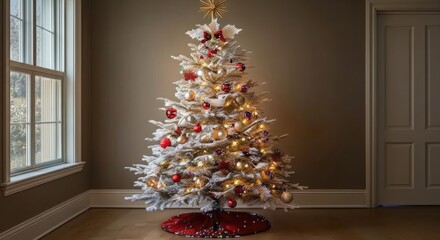 Beautifully decorated flocked christmas tree with warm lights
