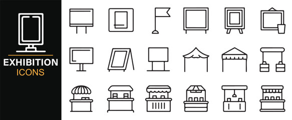 Business exhibition icons featuring fair booths, kiosks, banners, and signage outline style