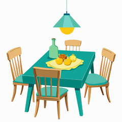An inviting dining room vector illustration scene is set, featuring a vibrant teal dining table surrounded by matching chairs.
